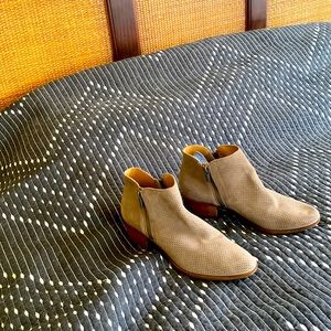 Lucky brand  leather taupe 1-1 1/2 heel booties .. zipper each side